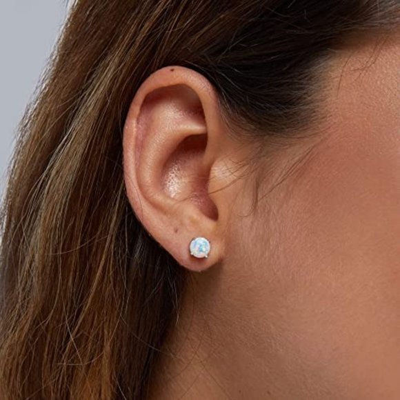 White Opal Stud Earrings - Picture 1 of 3